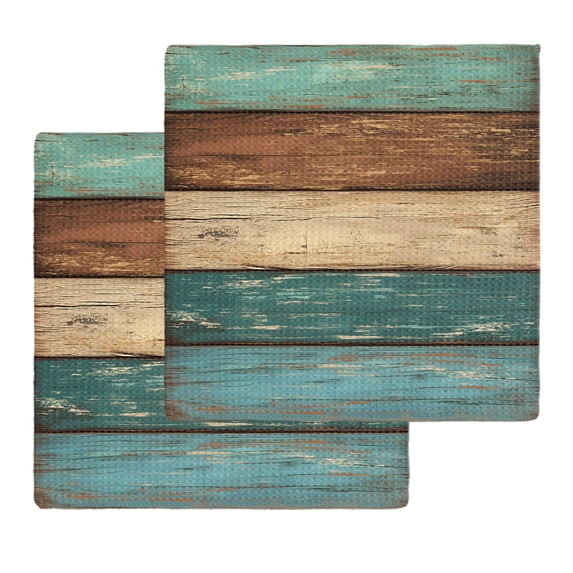 Teal Turquoise Wooden Kitchen Dish Towels for Drying Dishes Set of 2, Rustic Retro Farmhouse Western Country Waffle Weave Microfiber Hand Tea Bathroom Towels Quick Dry & Absorbent Towel 12x12