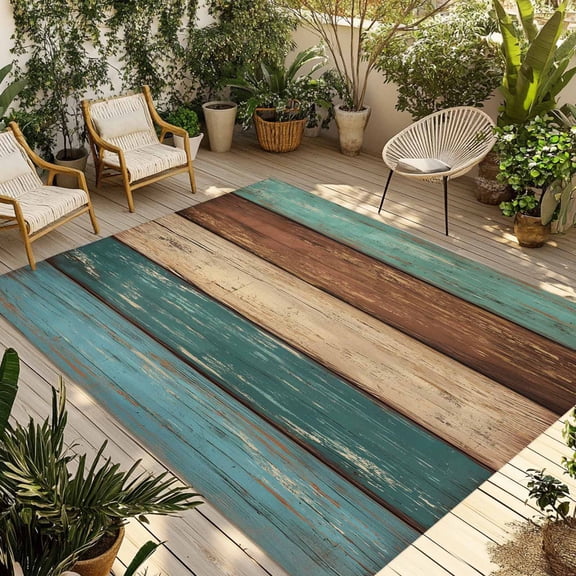 Teal Turquoise Wooden Outdoor Rug 3x5 Ft - Reversible Patio Rug Outdoor Camping Rugs, Rustic Retro Farmhouse Western Country Indoor Outdoor Area Rugs, Non-Slip Outdoor Carpet Runner for Deck/Porch