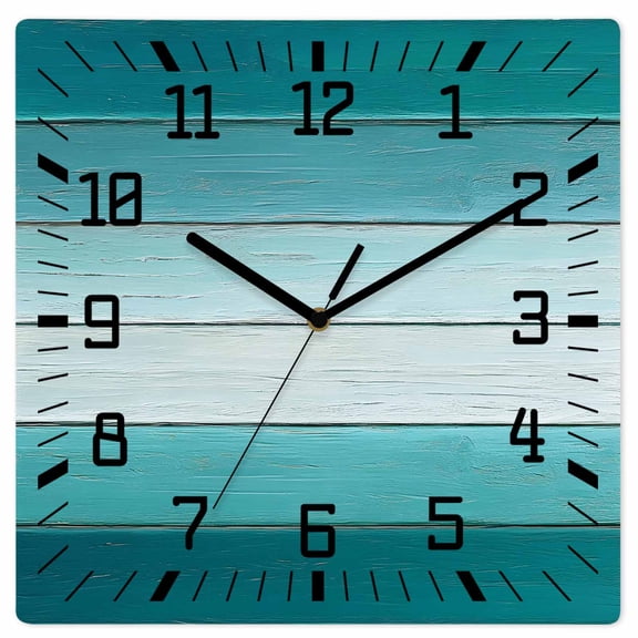 Teal Turquoise Wooden Wall Clock Silent Non Ticking, Farmhouse Abstract Gradient Wooden Plank Square Wall Clocks Battery Operated, Decor Clock for Home Office, Living Room, Kitchen, 10 Inch