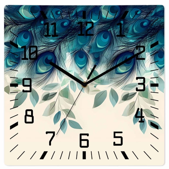 Teal Turquoise Wooden Wall Clock Silent Non Ticking, Peacock Feathers Aesthetics Eucalyptus Square Wall Clocks Battery Operated, Decor Clock for Home Office, Living Room, Kitchen, 10 Inch