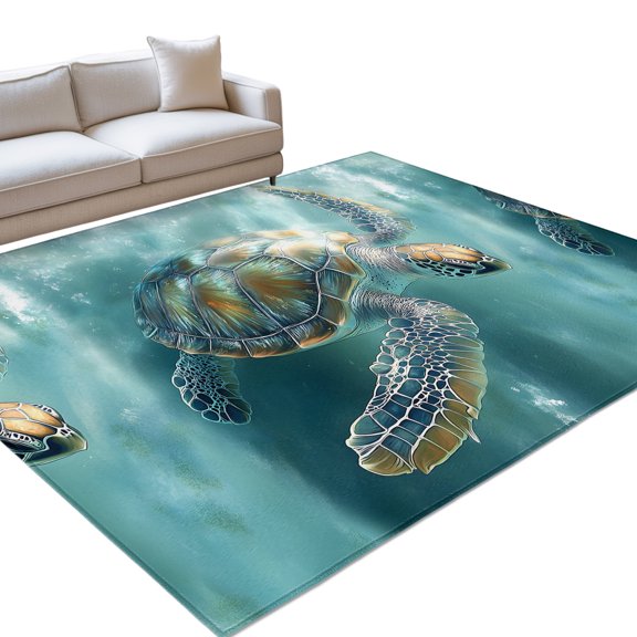 Teal Turtle Area Rugs 6x9ft Ocean Seawater Floor Rug Non Slip Low Pile Ultra Soft Throw Carpet for Entryway Indoor Entrance Kitchen Bathroom