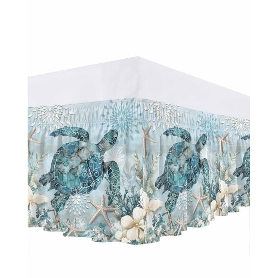 Teal Turtle Coastal Bed Skirt Cal King Size, Summer Beach Nautical Starfish Wrap Around Bed Skirting with Adjustable Elastic Strap, Dust Ruffled Pleated Bedskirts 18 Inch Drop for Bedroom Beds