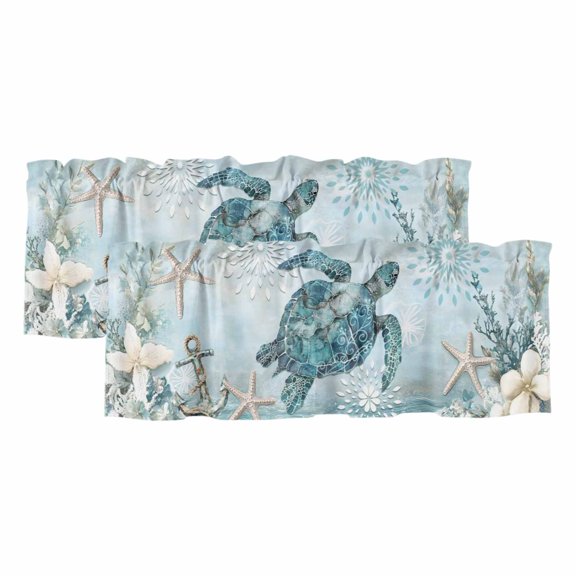 Teal Turtle Coastal Curtain Valances for Windows, Kitchen Valance Window Treatments Panel 2 Pack, Summer Beach Nautical Starfish Rod Pocket Short Curtains for Bathroom Bedroom 42 x 12 Inch