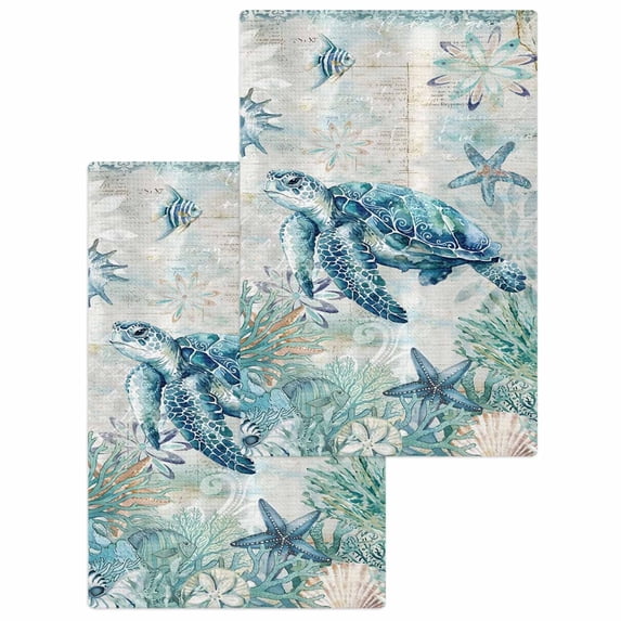Teal Turtle Coastal Kitchen Dish Towels for Drying Dishes Set of 2, Summer Beach Coral Nautical Ocean Waffle Weave Microfiber Hand Tea Bathroom Towels Quick Dry & Absorbent Towel 15.7x23.6