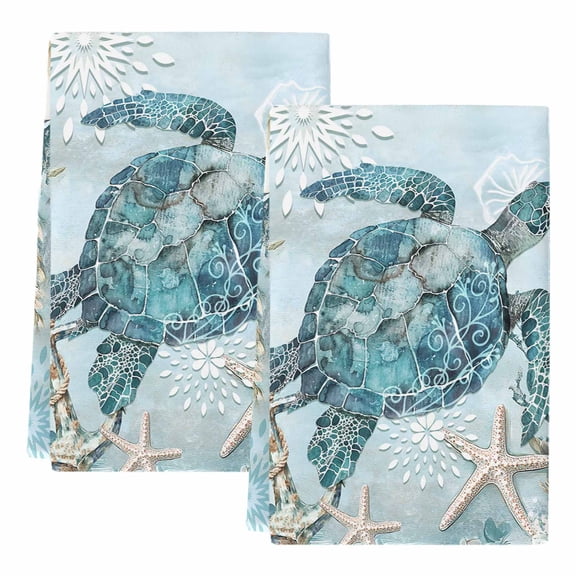 Teal Turtle Coastal Kitchen Towels Set of 2, Absorbent Microfiber Dish Tea Towels with Hanging Loop, Summer Beach Nautical Starfish Resuable Hand Towel for Home Kitchen Cooking Cleaning 18"x28"
