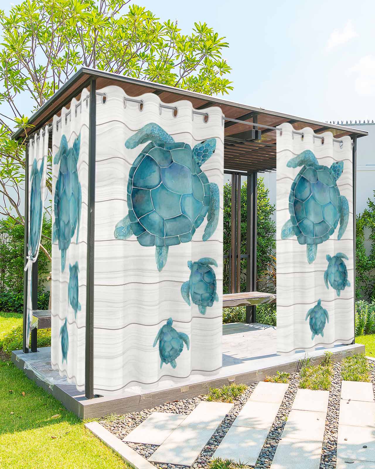 Teal Turtle Coastal Outdoor Curtains for Patio, Vintage Nautical Ocean Sea Privacy Drapes Grommet Waterproof Outside Curtains for Porch/Cabana/Balcony 54"x 108", 1 Panel