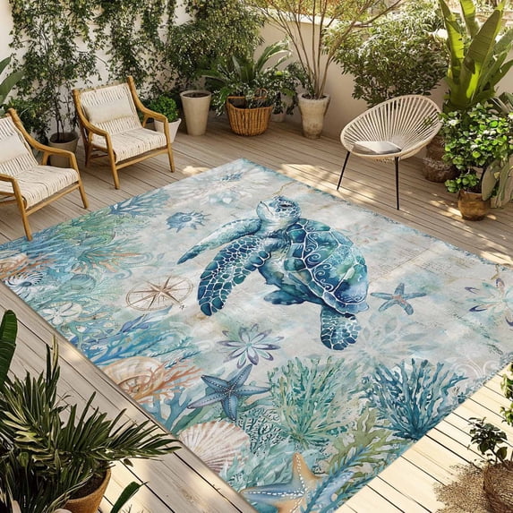 Teal Turtle Coastal Outdoor Rug for Patio/Deck/Porch, Non-Slip Large Area Rug 5 x 8 Ft, Summer Beach Coral Nautical Ocean Indoor Outdoor Rugs Washable Area Rugs, Reversible Camping Rug Carpet Runner
