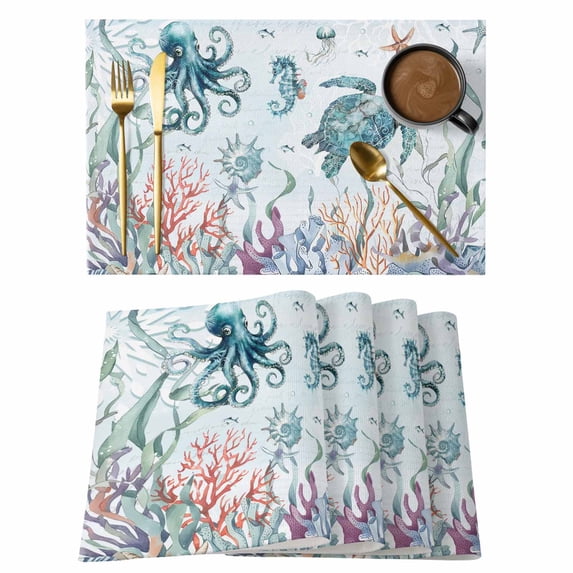 Teal Turtle Coastal Placemats Set of 8, Octopus Coral Summer Beach Starfish Placemats for Dining Table, Place Mats for Kitchen Tabletop, Waterproof Wipeable Dining Table Mats Set