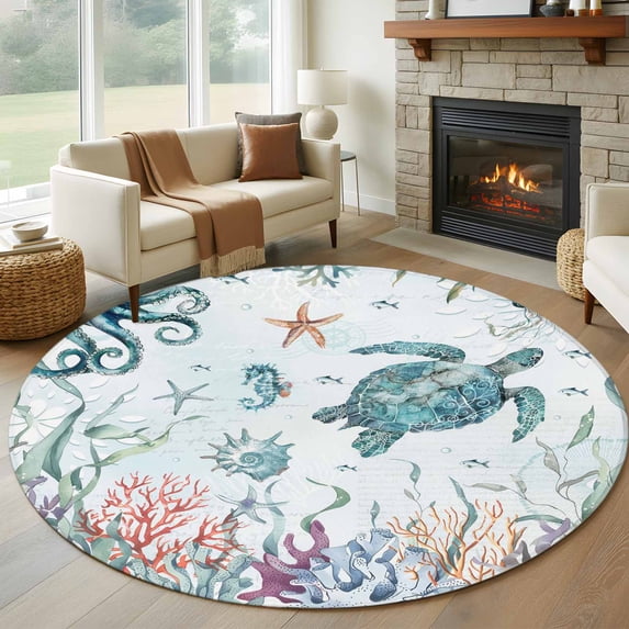 Teal Turtle Coastal Round Area Rug 6Ft Washable Circle Rugs for Bathroom Office, Octopus Coral Summer Beach Starfish Non-Slip Carpet Floor Mats Indoor Outdoor Carpet Runner Aesthetic Home Decor