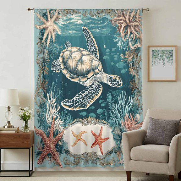 Teal Turtle Coastal Sheer Curtains 45 Inches Long, Summer Beach Nautical Starfish Light Filering Curtains, Breathable Simi Curtain Privacy Drapes for Kitchen Bathroom Small Window Treatment