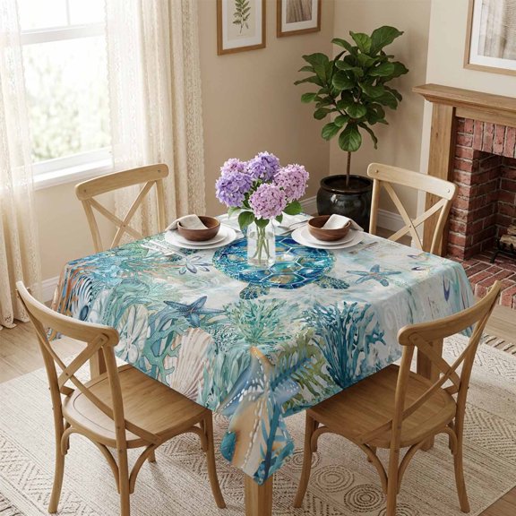 Teal Turtle Coastal Square Tablecloth 54x54 Inch Oceans Beach Nautical Coral Vintage Waterproof Polyester Table Cover, Washable Stain Resistant Tablecloth for Dining Table Kitchen Wedding