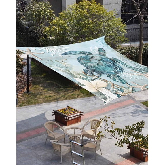 Teal Turtle Coastal Sun Shade Sail 14'x18' Rectangle Outdoor Shade Canopy, Summer Beach Nautical Starfish Porch Shades Outdoor Sun Blocking Screen, Sunshade Cloth Covers for Patio/Deck/Garden