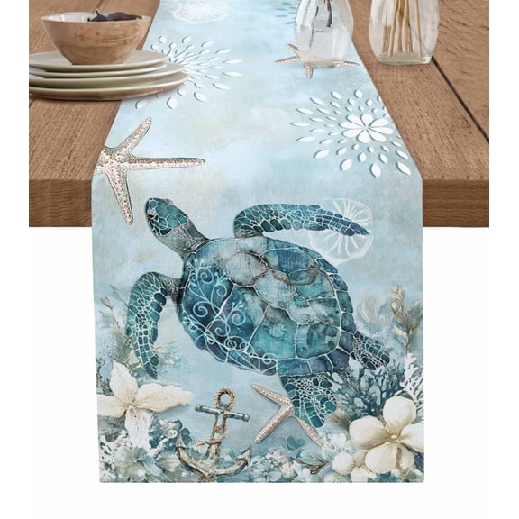 Teal Turtle Coastal Table Runner Summer Beach Nautical Starfish Tablerunners 16 x 72 Inch, Table Decorations Tabletop Scarf for Summer Gathering Holiday Farmhouse Kitchen Dining Decor