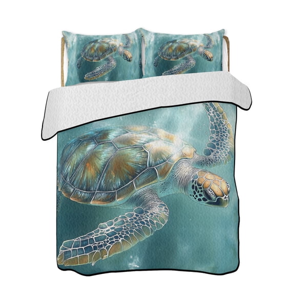Teal Turtle Quilts Bedding Set California King Ocean Seawater Lightweight Quilted Bedspread 3 Piece Bed Quilt with 2 Pillow Shams All Season for Bedroom 96" x 106"