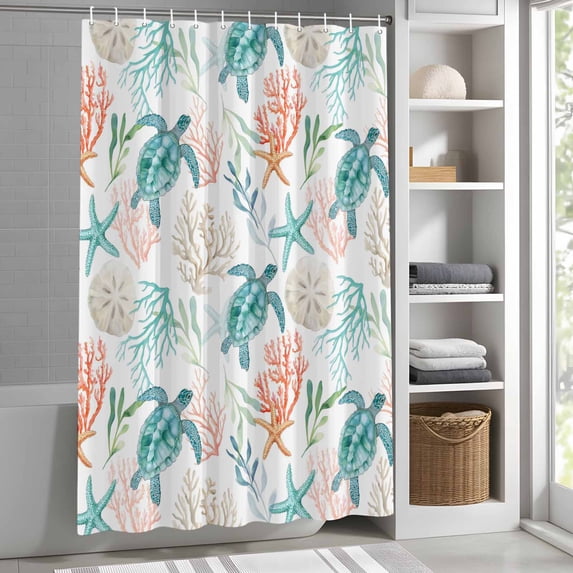 Teal Turtle Starfish Shower Curtain for Bathroom, Summer Marine Life Coral Fabric Shower Curtain Set with Hooks, Waterproof Washable Bath Curtain for Bathroom Decor, 72"x72"