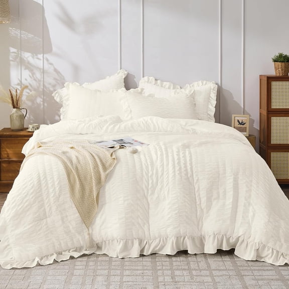 Teal Twin Size Comforter Set, 2 Pieces Seersucker Lightweight Fluffy Bedding Set, Twin Ruffle Comforter, All Season Soft Microfiber Shabby Chic Bed Set
