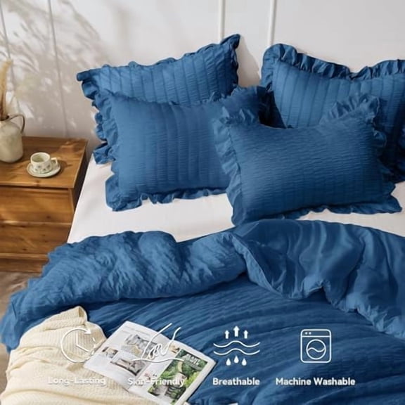 Teal Twin Size Comforter Set, 2 Pieces Seersucker Lightweight Fluffy Bedding Set, Twin Ruffle Comforter, All Season Soft Microfiber Shabby Chic Bed Set