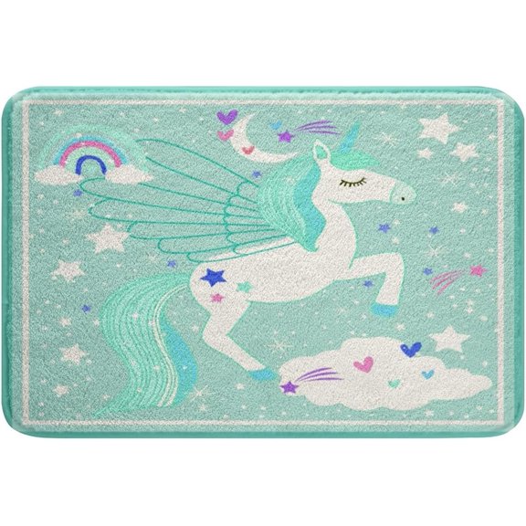 Teal Unicorn Soft Fleece Bath Rug With Rainbow and Glitter Star Design Non Slip Polyester Bathroom Floor Mat Indoor Doormat 16x24 Inch