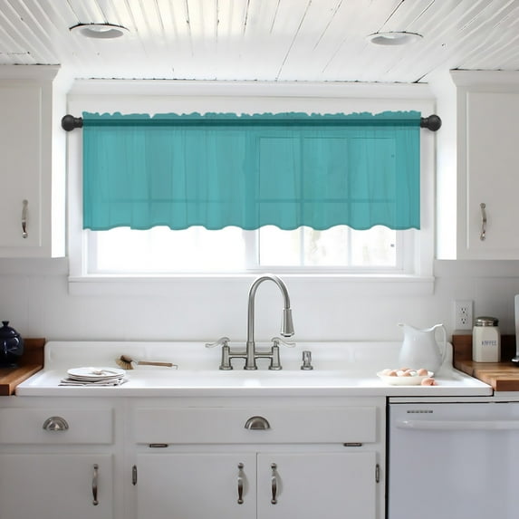 Teal Valance Curtains for Kitchen/Living Room/Bathroom/Bedroom Window, Turquoise Pure Teal Rod Pocket Small Topper Half Short Window Curtains Voile Sheer Scarf 42"x18"