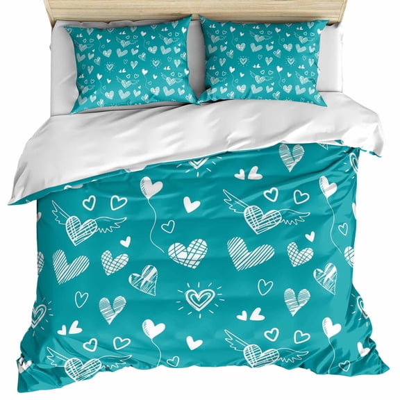 Teal Valentine's Day Bedding 3 Piece Duvet Cover Set Queen Size, Turquoise Love Heart Fly Romantic Soft Microfiber Comforter Cover with Zipper Closure & Pillowcases, FadeResistant Quilt Cover