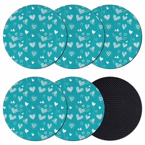 Teal Valentine's Day Coasters Set of 6, Absorbent Coasters for Drinks, Turquoise Love Heart Fly Romantic Coaster for Desk Coffee Table Protection, Home Decor House Warming Gifts 4"