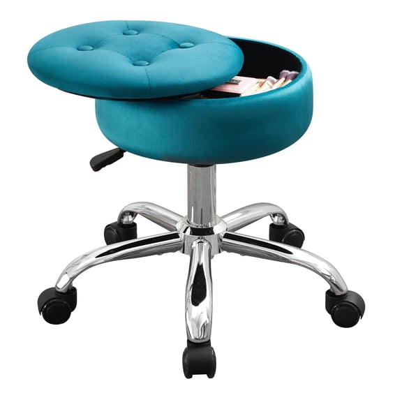 Teal Velvet Tufted Swivel Vanity Stool With Storage Compartment And Chrome Star Base
