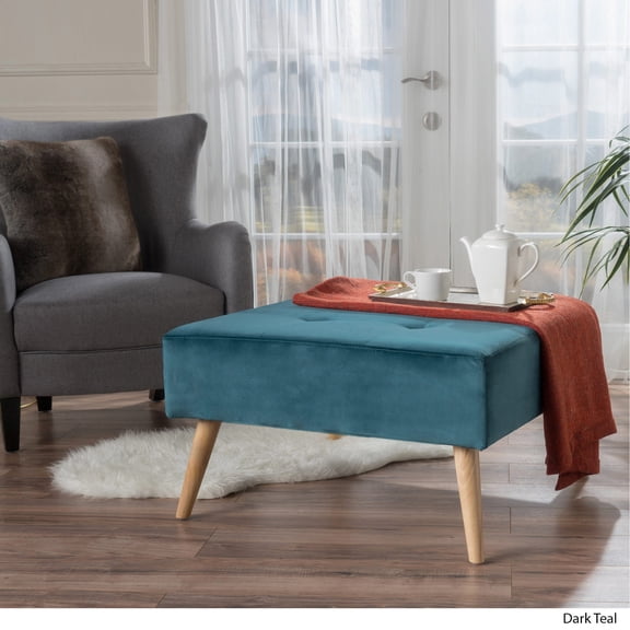 Teal Velvet Upholstered Ottoman | Can Be Used as a Spare Seat | Has Splayed Wood Legs