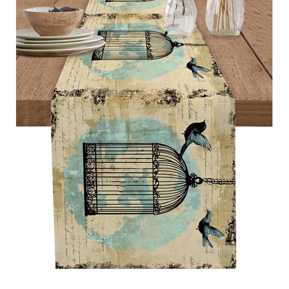 Teal Vintage Birds Burlap Cotton Table Runner 16x72 Inches Long, Retro Birdcage Watercolor Farmhouse Table Runners, Outdoor Dining Tablecloths Decor for Baby Shower/Party/Wedding