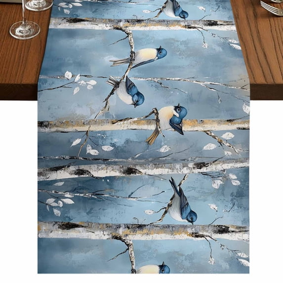 Teal Vintage Branches 108 Inch Table Runner, Vintage Birds Farmhouse Farmhouse Dresser Scarf Cotton & Linen Tablerunner for Dining/Kitchen Island/Holiday Party Décor 13" x 108"