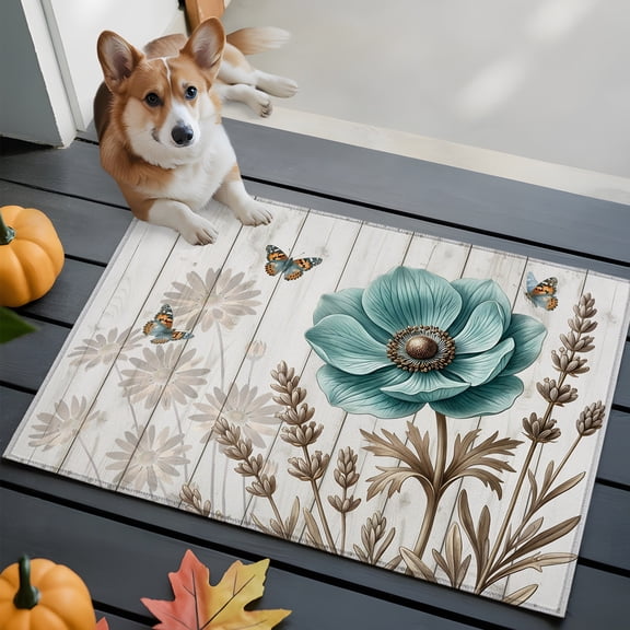 Teal Vintage Floral Bathroom Mat 2x3 FT, Non Slip Small Kitchen Mat, Retro Flowers Wooden Butterfly Washable Soft Backed Front Door Throw Rug Non-Shedding Indoor Outdoor Doormat for Entryway Sink