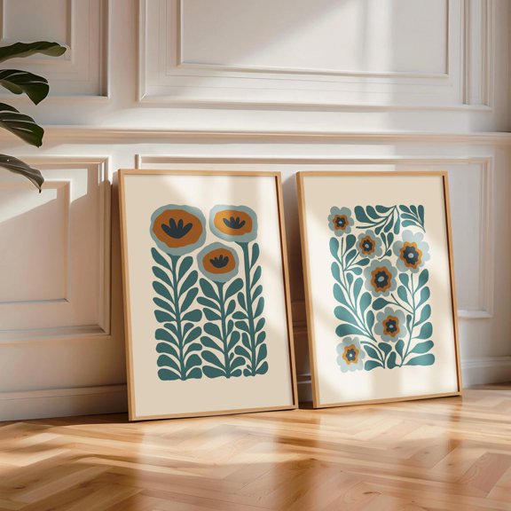 Teal Wall Art Flower Floral Abstract Rust Set 2 Unframed Paper Print 20x30