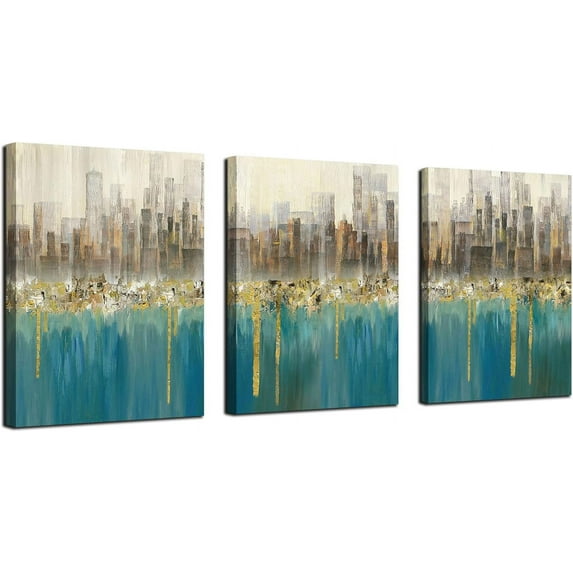 Teal Wall Art Modern Abstract Pictures Cityscape Canvas Skyline Painting Bathroom Decor, Grey Blue Turquoise Artwork Framed for Living Room Bedroom Home Office Wall Decor, Set 12"x16"x3 Panels