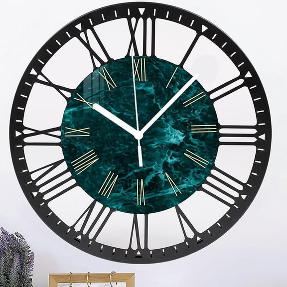 Teal Wall Clock Battery Operated 10 Inch Modern Abstract Clocks for Living Room Decor Marble Pattern Wrought Iron Analog Wall Clock Silent , 25cm -Roman Numerals Style 10×10inch(25×25cm)
