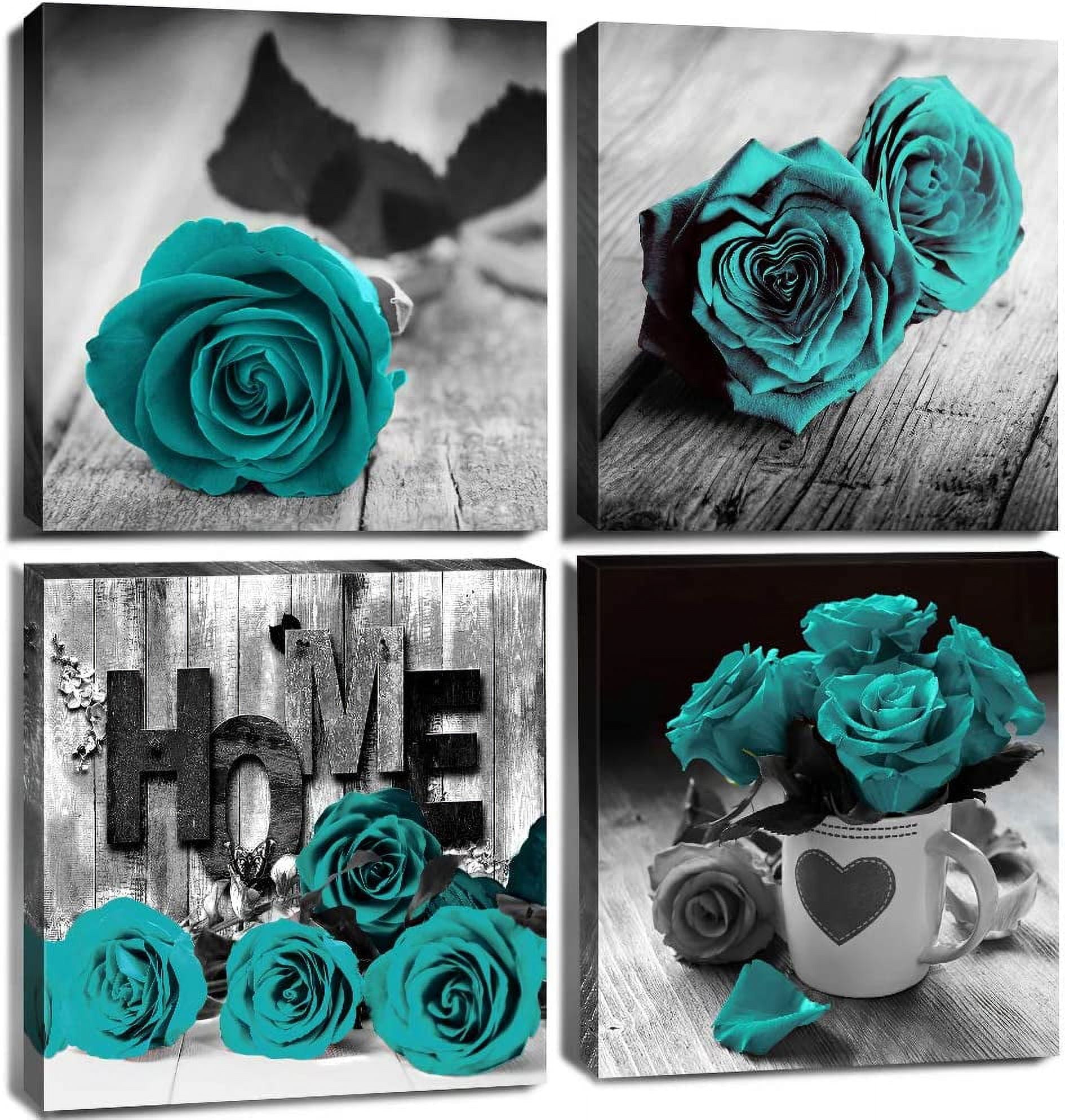 Teal Wall Decor Turquoise Living Room Wall Art Black and White Rose ...
