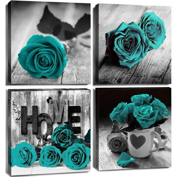 Teal Wall Decor Turquoise Living Room Wall Art Black and White Rose Flower Canvas Prints Pictures for Bedroom Modern Artwork Romantic Love Sign Painting Bathroom Office Home Decorations 12x12 4 Piece