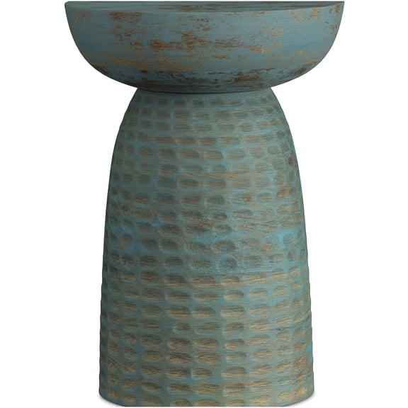 Teal Wash Mango Wood Accent Table, Handcrafted Sculptural Side Table for Living Room, Bedroom