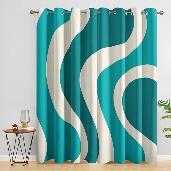 Teal Wave Curtains for Bedroom Decor, Modern Abstract Contemporary Pattern Design Blackout Drapes, Teal Wave Curtains for Living Room 53"W x 84"L (Pack of 2)