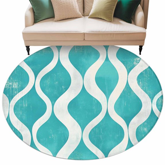 Teal Wave Large Area Rugs for Bedroom Living Room, Soft Non Slip Carpet Bedside Rug, Modern Abstract Art Farmhouse Round Floor Cover Kitchen Accent Rug 7' for Dining Room/Office