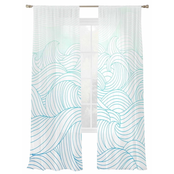 Teal Wave Lines Sheer Curtains for Living Room Bedroom, Light-filtering Sheer Curtain, Abstract Curves Modern Style Rod Pocket Voile Window Treatment Drapes, 52’’Wx108’’L, 2 Panels Set