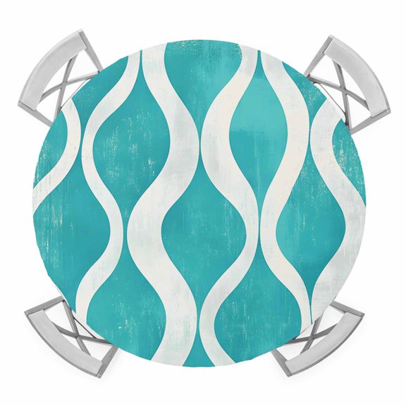 Teal Wave Round Tablecloth for 36-44 Inch Tables, Fitted Table Cover with Elastic Edge, Modern Abstract Art Farmhouse Waterproof Outdoor Table Cloth Protector for Patio Garden Dinner Picnic