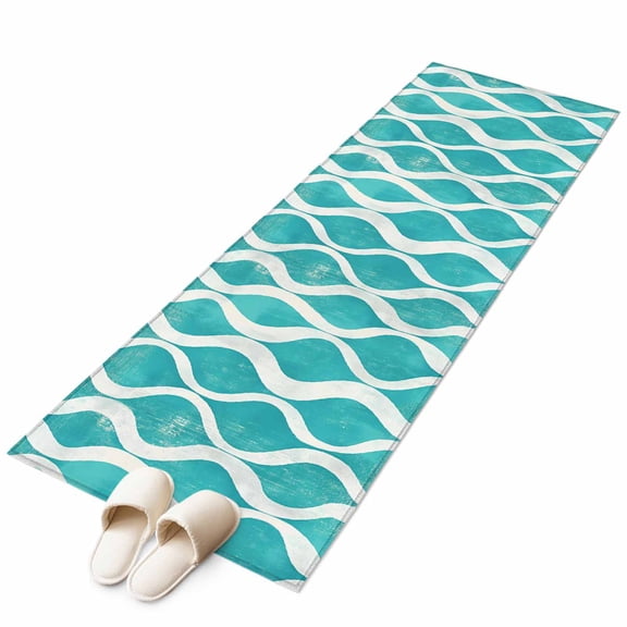 Teal Wave Runner Rug 2x6 Washable Kitchen Rug Non-Slip Lightweight Thin Soft Low Pile Bathroom Runner Modern Abstract Art Farmhouse Carpet for Hallway Laundry Room Bedroom Entryway