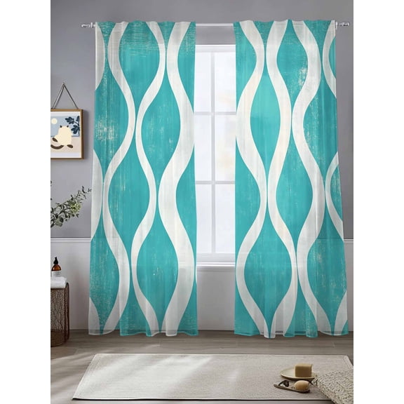 Teal Wave Sheer Curtains for Living Room Bedroom Modern Abstract Art Farmhouse Sheer Curtains 84 Inch Long 2 Panels Set Light Filtering Curtain Window Treatments Drapes for Dining Room