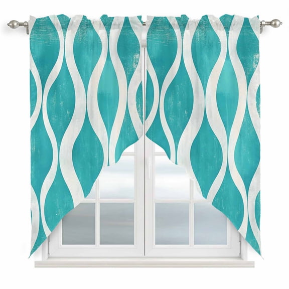 Teal Wave Swag Curtains Modern Abstract Art Farmhouse Swag Valances for Kitchen Windows, Window Treatment Topper Curtains for Living Room Bedroom Bathroom, 36" W x 36" L