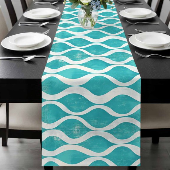 Teal Wave Table Runner 36 Inches Long, Modern Abstract Art Farmhouse Kitchen Coffee Dining Table Decoration for Home Party Birthday Wedding Home Decor 13x36 Inches