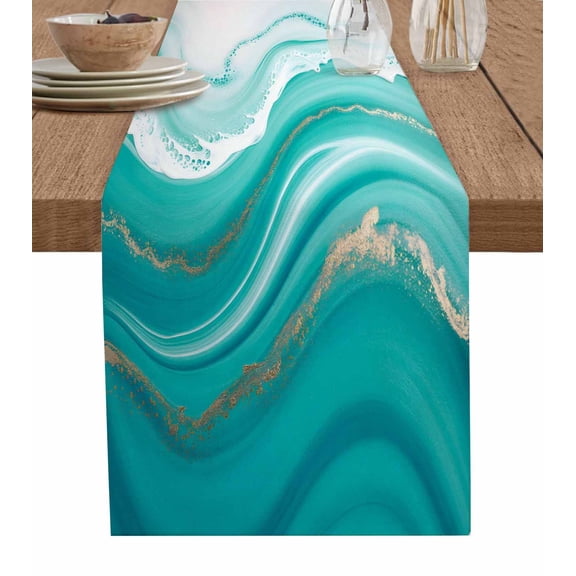Teal Waves Abstract Burlap Cotton Table Runner 16x72 Inches Long, Gradient Fluid Water Ripple Farmhouse Table Runners, Outdoor Dining Tablecloths Decor for Baby Shower/Party/Wedding