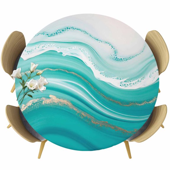 Teal Waves Abstract Round Tablecloth 45-54 Inch Round Fitted Table Cloth with Elastic Edge, Gradient Fluid Water Ripple Waterproof Table Cover Protector for Outdoor Picnic Party Dining