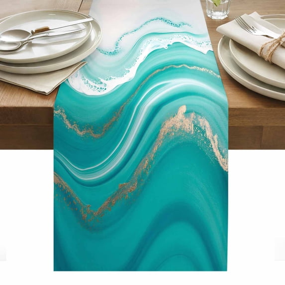 Teal Waves Abstract Table Runner - 120 Inch Long, Kitchen Dining Table Runner Dresser Scarves, Gradient Fluid Water Ripple Farmhouse Decor for Coffee Tables Wedding Party Banquet