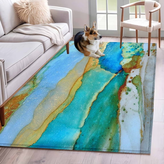 Teal Waves Area Rugs 3x5 ft Retro Abstract Watercolor Green Blue Gold Lines Washable Rug Non Slip Indoor Carpet Absorbent Floor Mat for Living Room Bedroom Dining Room