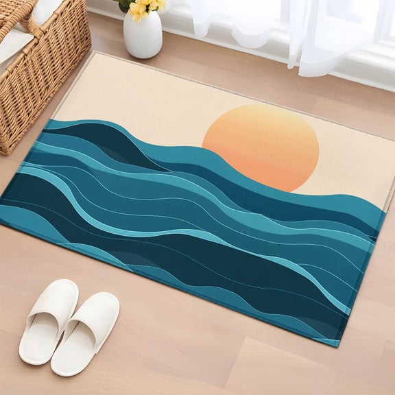 Teal Waves Bathroom Mats 2x3 FT, Non Slip Small Kitchen Mat, Watercolor Sun Turquoise Ombre Washable Soft Backed Front Door Throw Rugs Non-Shedding Indoor Outdoor Doormat for Entryway Sink