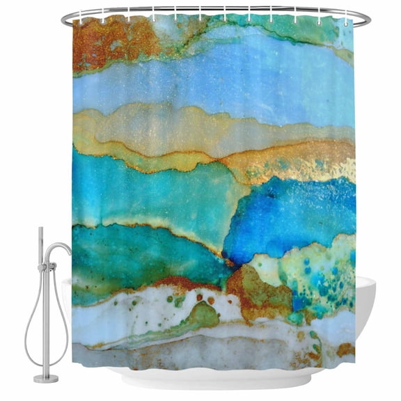 Teal Waves Bathroom Shower Curtains with Hooks, Retro Abstract Watercolor Green Blue Gold Lines Waterproof Fabric Washable Shower Curtain for Home Hotel Bathtub Decor 36x72 Inch